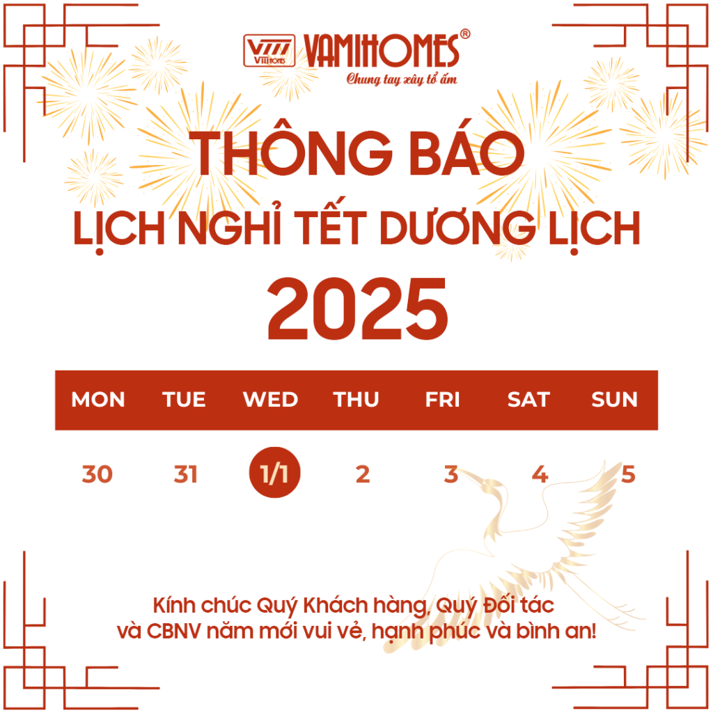 Vamihomes thông báo thời gian nghỉ Tết Dương lịch 2025 ngày 1/1/2025. Kính chúc Quý khách hàng năm mới An khang - Thịnh vượng.